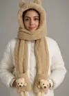 Kahverengi Ayıcık Figürlü Rüzgar Geçirmez Peluş Bere Atkı Eldiven