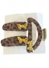 Kahverengi Kelebek Figürlü Leopar Desenli Mandal Toka Ve Yan Toka Set