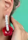 Karışık Renk Çiçek Figürlü İnci Detaylı Halka Küpe (Çift)