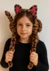 Karışık Renk Kulak Figürlü Leopar Desenli Kulakları Oynayan Peluş Kulaklık