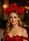 Kırmızı Renk Çiçek Detaylı Gelin/Kına/Nişan/Söz/Bride Tasarım Taç