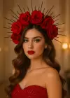 Kırmızı Renk Çiçek Detaylı Gelin/Kına Tasarım Taç