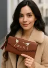 Koyu Pembe Renk Kedi Figürlü Deri Kadın Cüzdan