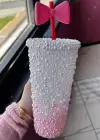 Koyu Pembe Ve Beyaz Renk İnci Detaylı Pipetli Suluk
