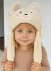 Krem Renk Ayıcık Figürlü Kulakları Oynayan Peluş Şapka