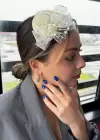 Krem Renk Çiçek Detaylı Mini Nikah Şapkası/Vualet Şapka Pens Detaylı Toka