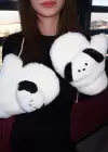 Krem Renk Panda Figürlü Askılı Peluş Eldiven