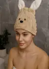 Krem Renk Tavşan Figürlü Saç Havlusu/ Bonesi Lastikli