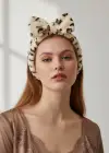 Krem Ve Kahve Renk Kurdele Figürlü Leopar Desenli Peluş Saç Bandı