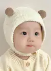 Krem Ve Kahve Renk Ponpon Detaylı Bebek Peluş Şapka