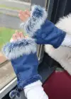 Lacivert Renk Peluş Detaylı Kesik Eldiven