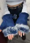 Lacivert Renk Peluş Detaylı Kesik Eldiven