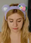 Lila Renk Çiçek Ve Çilek Figürlü Kulak Detaylı Peluş Saç Bandı