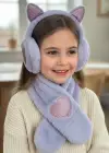 Lila Renk Kalp Detaylı Peluş Atkı Ve Kulaklık Set