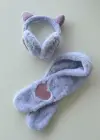 Lila Renk Kalp Detaylı Peluş Atkı Ve Kulaklık Set