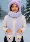 Mor Renk Ayıcık Figürlü Rüzgar Geçirmez Peluş Bere Atkı Eldiven