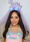 Mor Renk Birthday Princess Yazılı Çiçek Figürlü Duvak Detaylı Taç