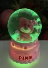 Pembe Renk Ayıcık Figürlü Mini Boy Işıklı Kar Küresi