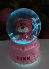 Pembe Renk Ayıcık Figürlü Mini Boy Işıklı Kar Küresi