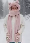 Pembe Renk Ayıcık Figürlü Rüzgar Geçirmez Peluş Bere Atkı Eldiven