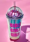 Pembe Renk Girls Yazılı Pipetli Suluk