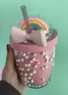 Pembe Renk Gökkuşağı Figürlü Pipetli Suluk