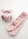 Pembe Renk Kalp Detaylı Peluş Atkı Ve Kulaklık Set