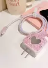 Pembe Renk Kalp Figürlü Ayna Detaylı Şarj Kablosu/ Adaptör Koruyucu Kılıf