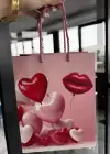 Pembe Renk Kalp Ve Dudak Figürlü Karton Çanta