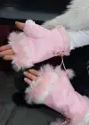 Pembe Renk Peluş Detaylı Kesik Eldiven