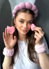 Pembe Renk Spa Taç/ Makyaj Süngeri/ Pudra Süngeri/ Su Emici Havlu Bileklik Set