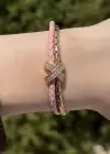 Pembe Renk Taş Detaylı Metal Deri Bileklik