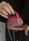 Pembe Renk Taş Detaylı Mini Boy Kadın Süet Çanta