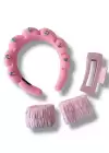 Pembe Renk Taş Detaylı Spa Taç/ Mandal Toka/ Su Emici Havlu Bileklik Set