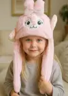 Pembe Renk Tavşan Figürlü Kulakları Oynayan Peluş Şapka