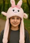 Pembe Renk Tavşan Figürlü Kulakları Oynayan Peluş Şapka