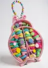 Pembe Renk Uğur Böceği Figürlü Boncuklu Çantalı Toka Seti