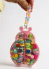 Pembe Renk Uğur Böceği Figürlü Boncuklu Çantalı Toka Seti