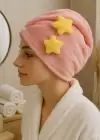 Pembe Renk Yıldız Figürlü Saç Havlusu/ Bonesi Lastikli