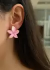 Pembe Ve Altın Renk Çiçek Detaylı Küpe (Çift)