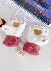 Pembe Ve Beyaz Renk Pati Figürlü Askılı Peluş Eldiven