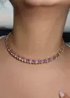 Pembe Ve Gümüş Renk Taş Detaylı Choker Kolye