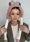 Pudra Ve Beyaz Renk Kurdele Figürlü Kulak Korumalı Çocuk Atkı