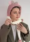 Pudra Ve Beyaz Renk Kurdele Figürlü Kulak Korumalı Çocuk Atkı
