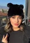 Siyah Renk Ayıcık Kulaklı Peluş Şapka