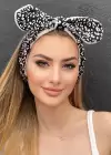 Beyaz Renk Leopar Desenli Kurdele Figürlü Peluş Spa Makyaj Saç Bandı