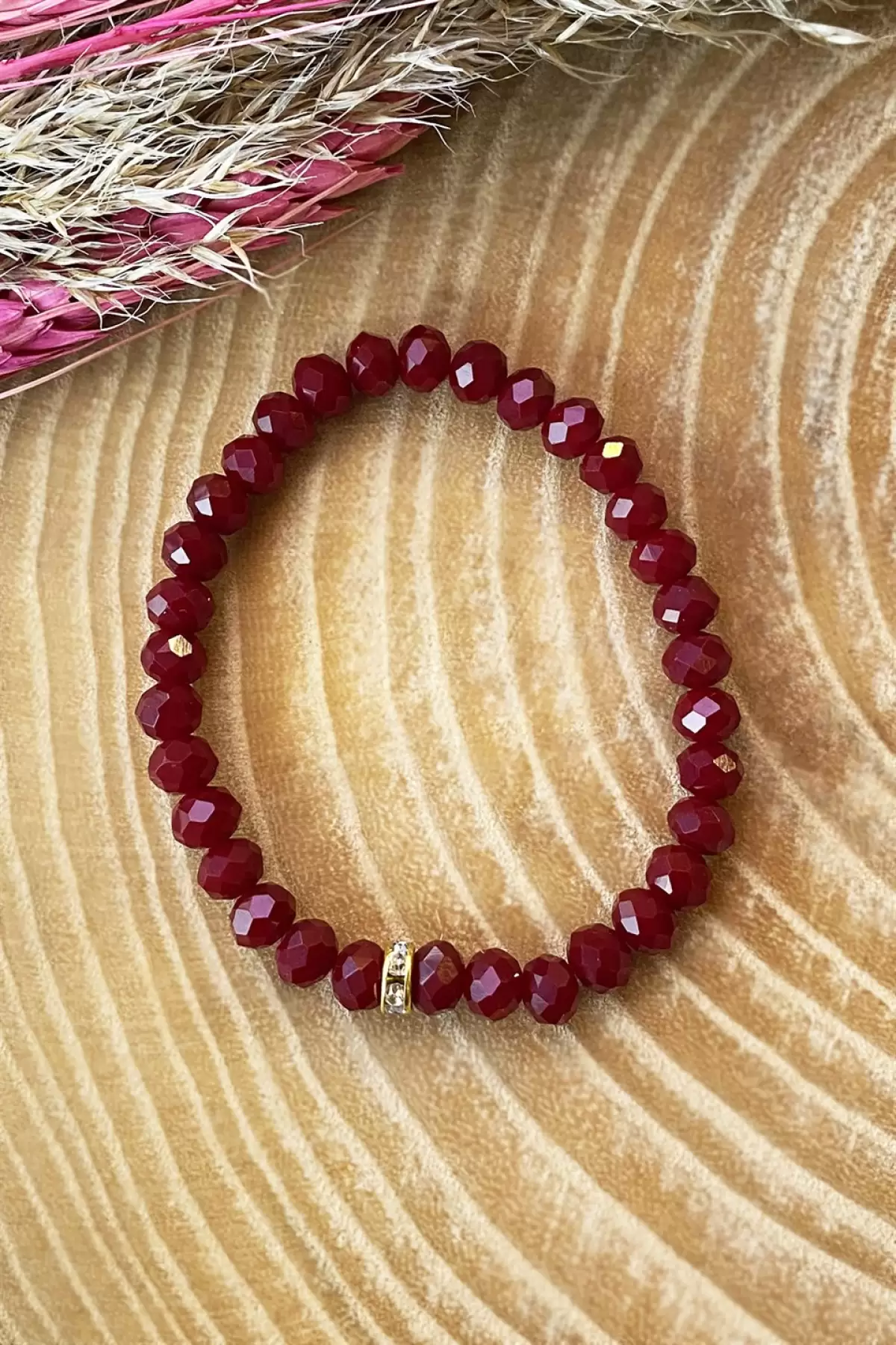 Bordo Renk Boncuk Detaylı Bileklik