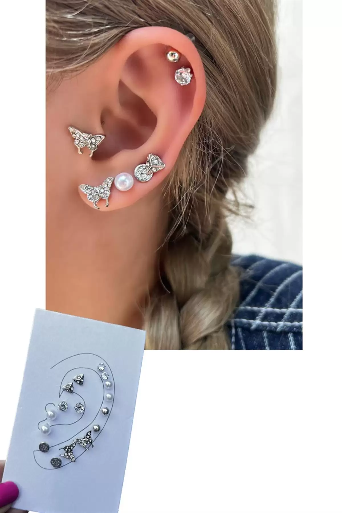 Gümüş Renk 16lı Kelebek Figürlü Küpe Set (Çift)