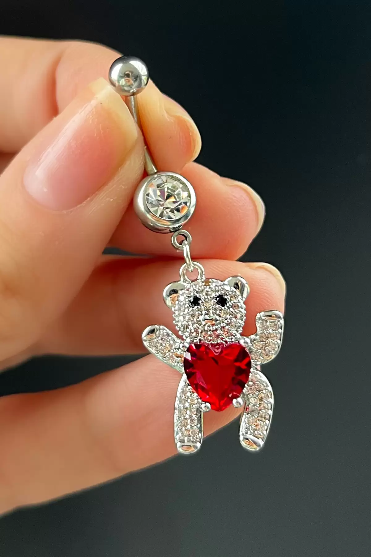 Gümüş Renk Ayıcık Figürlü Cerrahi Çelik Göbek Piercing