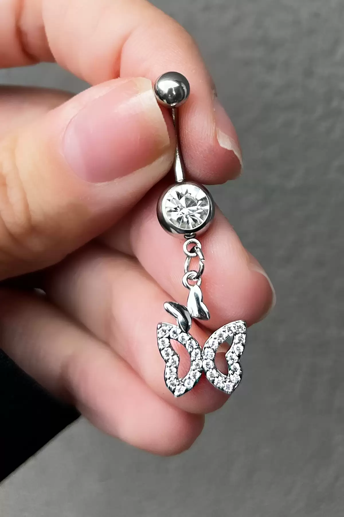 Gümüş Renk Kelebek Figürlü Cerrahi Çelik Göbek Piercing